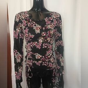 INC Y2K Fairy Grunge Dark Floral Mesh Long Sleeve Top XS Cinch Sheer Whimsigoth